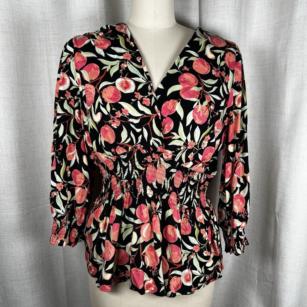 NEW! Harve Benard Women's XL Blouse Peach Floral Top Wrap Style 100% Viscose